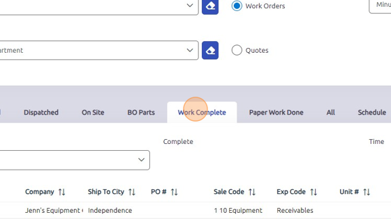 Screenshot of: Work Complete tab: work orders marked complete on Dispatch tab are listed here.