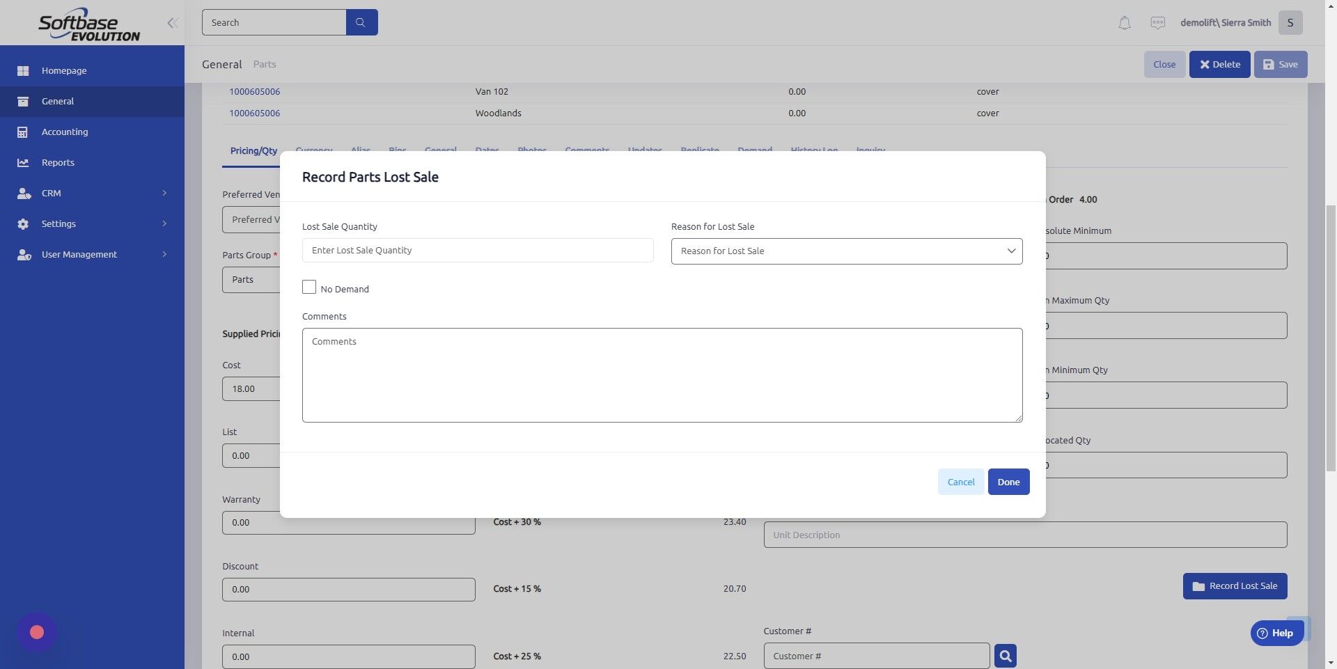 Screenshot of: Enter Lost Sale Quantity here.