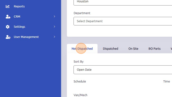 Screenshot of: Not Dispatched tab (work orders with equipment entered in Service 1 tab of invoice window are listed here): assign work orders to mechanic, set the time of call, and schedule when mechanic will begin working on order.