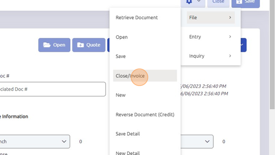Screenshot of: First, try to close the work order by clicking Configure Icon > File > Close/Invoice.
