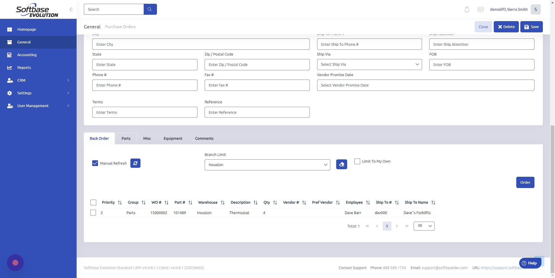Screenshot of: To add part(s) to PO, scroll down and open "Parts" tab.