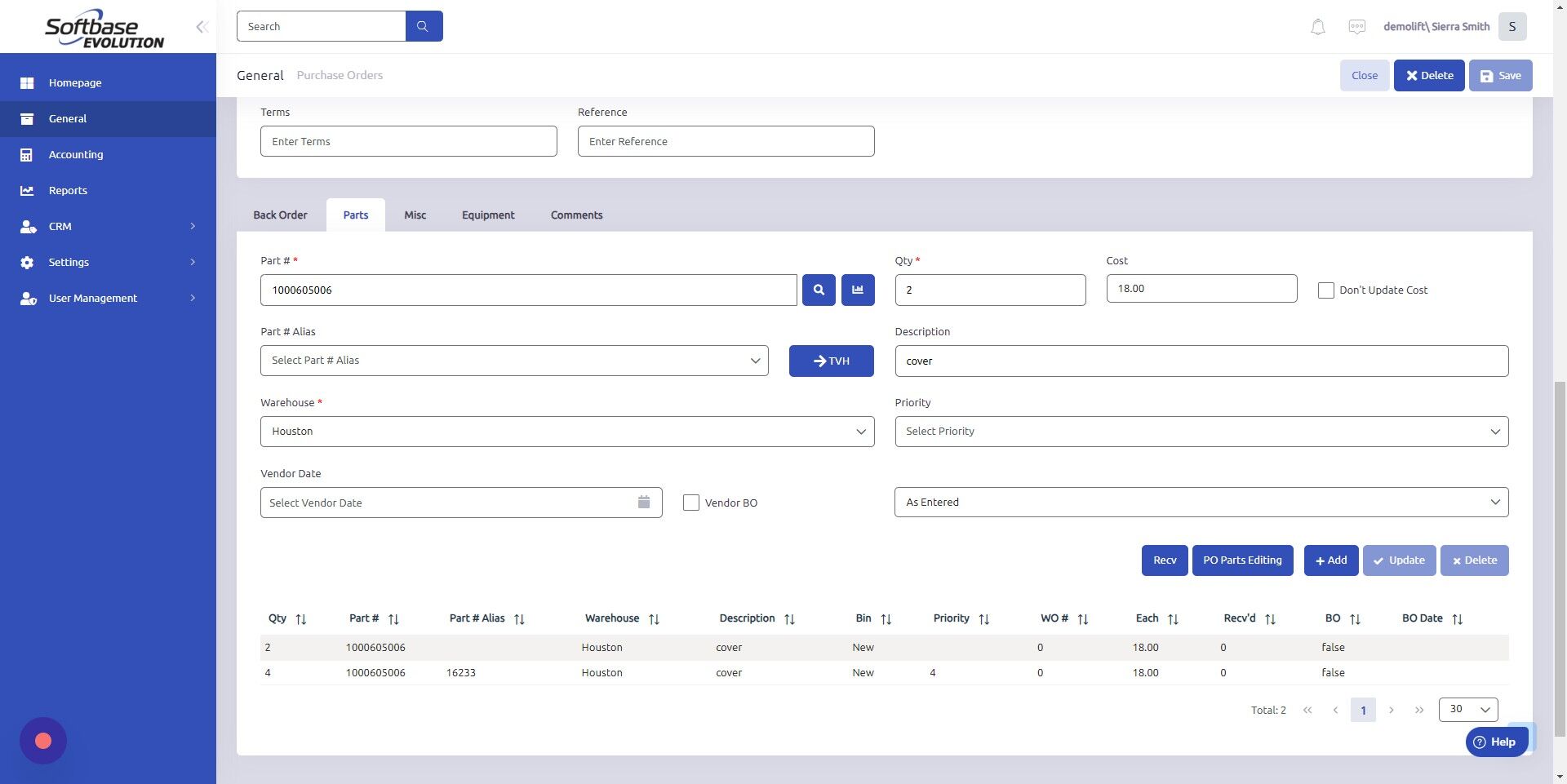 Screenshot of: Select line item of part you've received.
