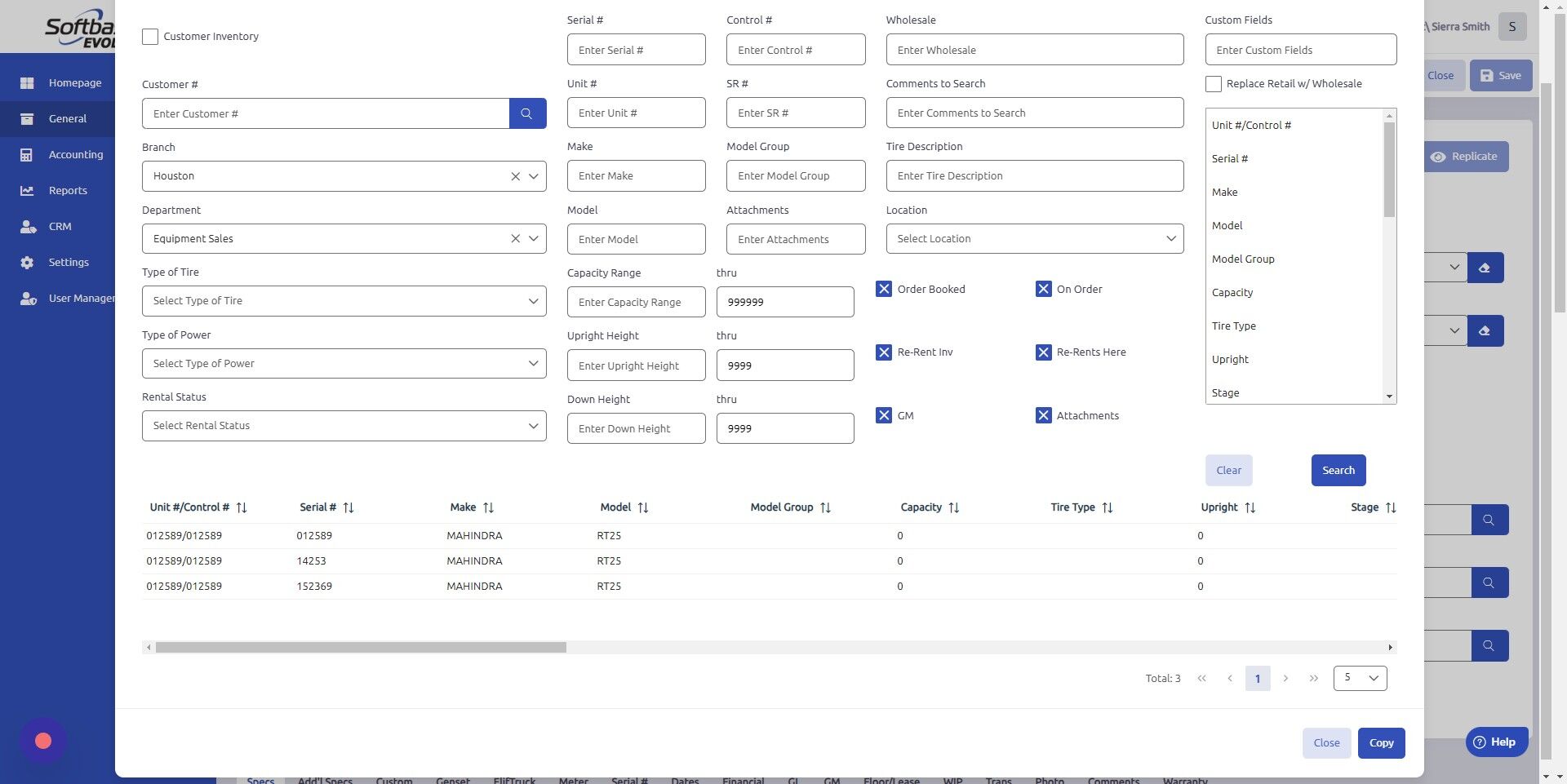 Screenshot of: Click Search. This will pull all equipment from that department. If you don't see a certain piece of equipment, check another department. 