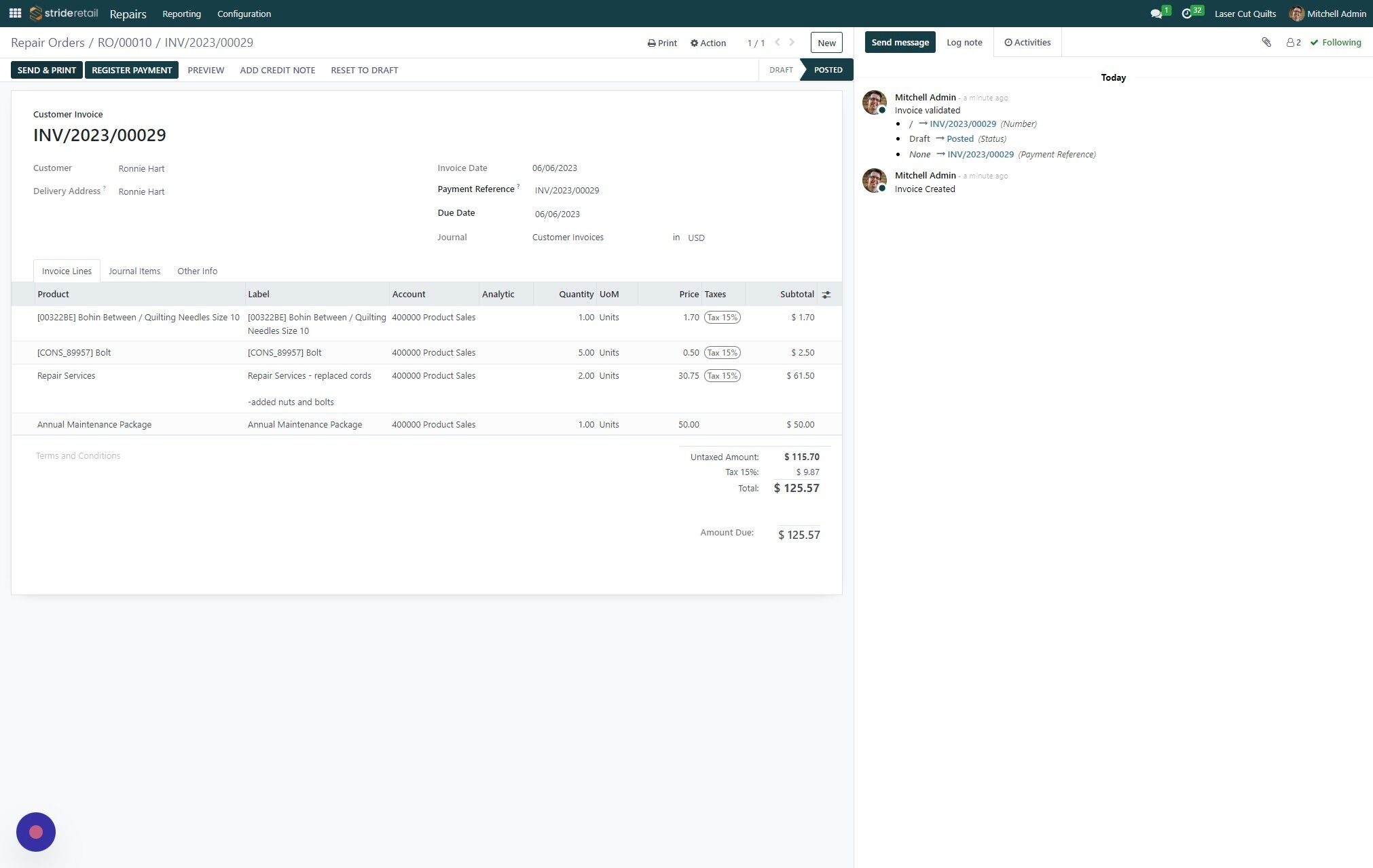 Screenshot of:  To notify customer Click "SEND & PRINT".

If you are configured to take online payments customers will get a payment link.  Otherwise they will be notified that they have an invoice for the repair services.