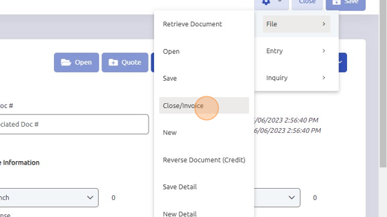 Screenshot of: To close work order, click Configure Icon > File > Close/Invoice