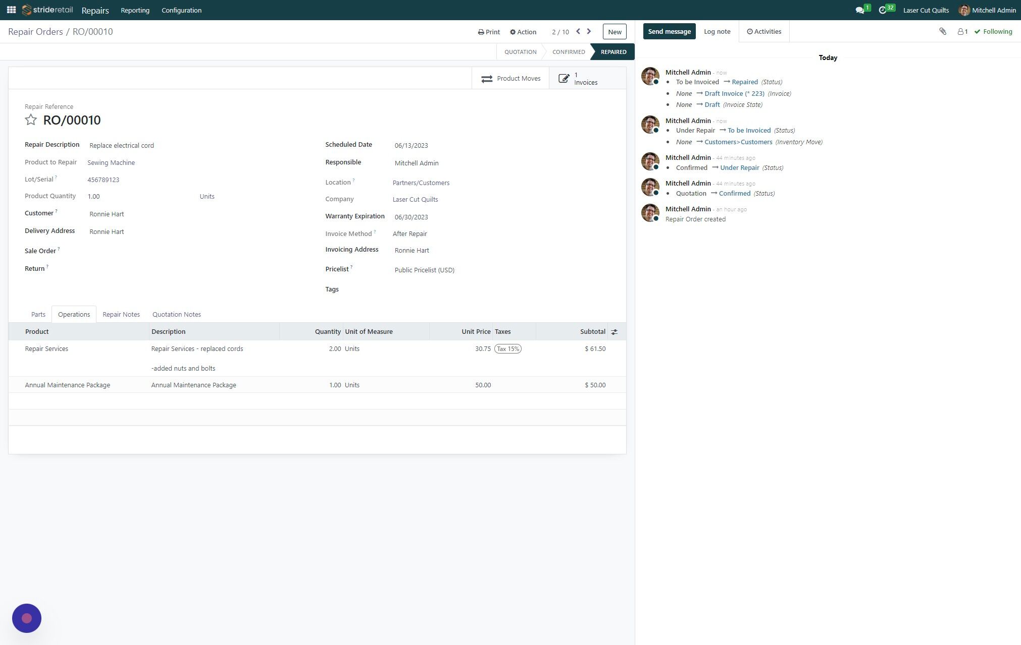 Screenshot of: Click "Invoices" tab in the repair order