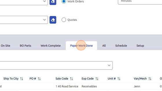 Screenshot of: Paper Work Done tab: work orders with paperwork turned in are listed here.