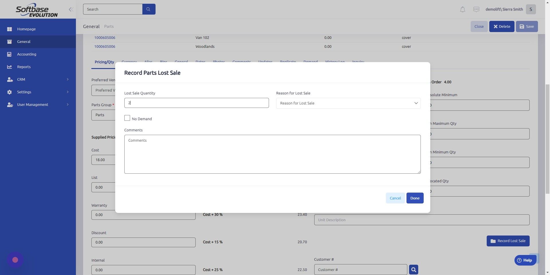 Screenshot of: Select Reason for Lost Sale from dropdown.