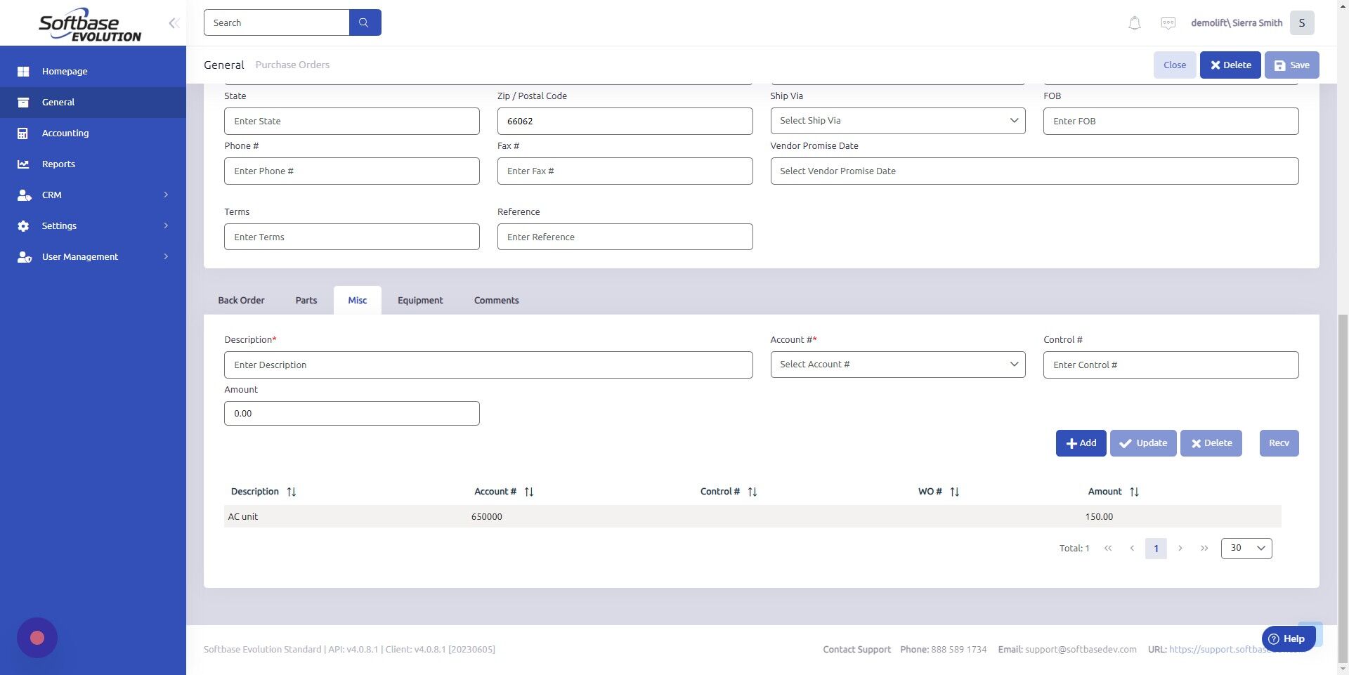 Screenshot of: Select line item of Misc item you've received. 