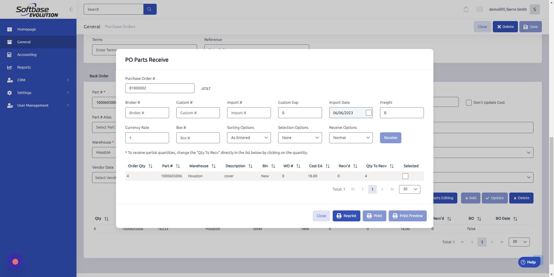Screenshot of: Note: if you received less than the amount stated, double click value under "Qty To Recv" and adjust quantity. 