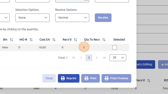 Screenshot of: Note: if you received less than the amount stated, double click value under "Qty To Recv" and adjust quantity. 