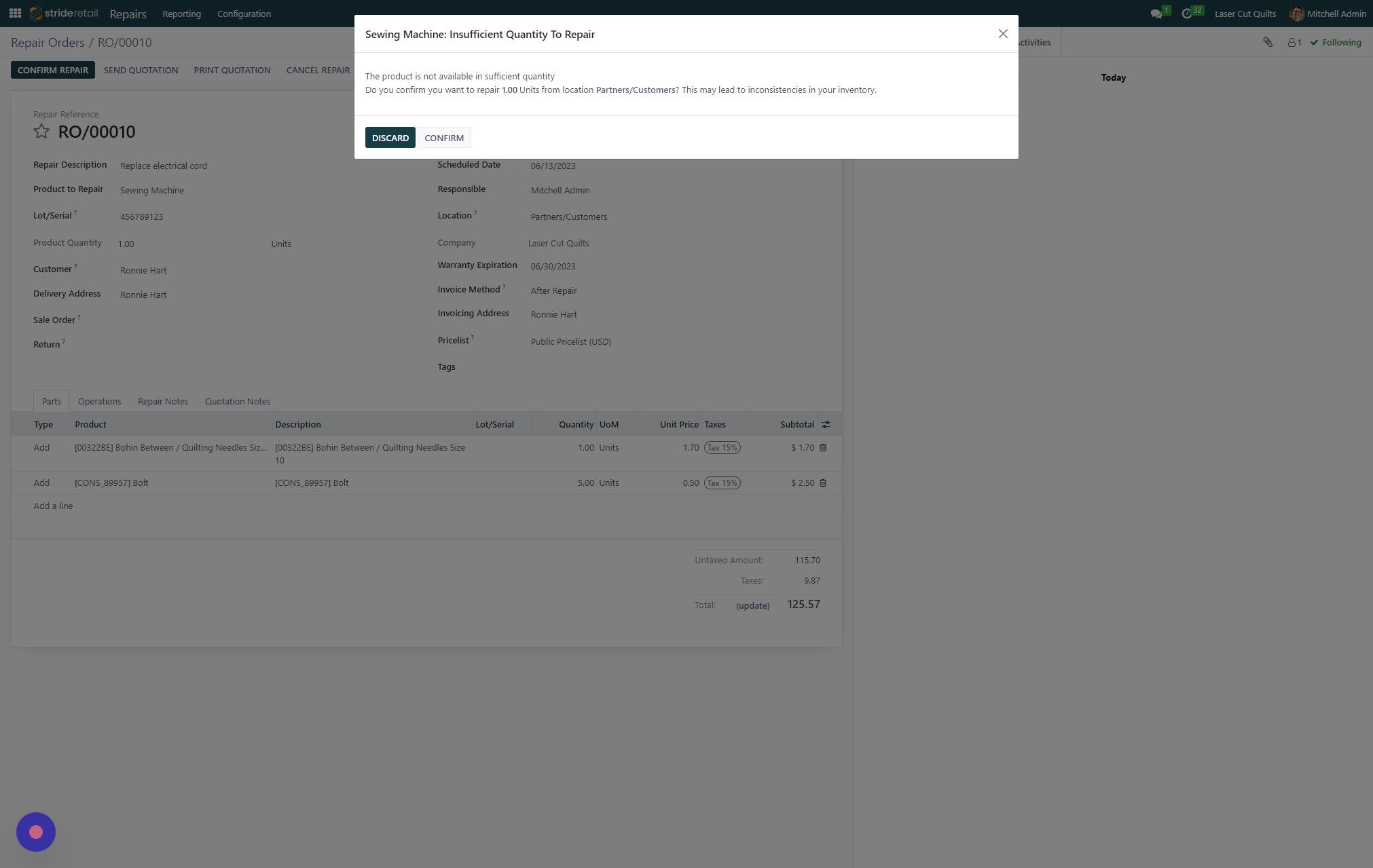 Screenshot of: Click "CONFIRM".  This just states that the inventory isn't in your system.  That's ok because we already established it is coming from your customer.