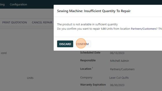 Screenshot of: Click "CONFIRM".  This just states that the inventory isn't in your system.  That's ok because we already established it is coming from your customer.