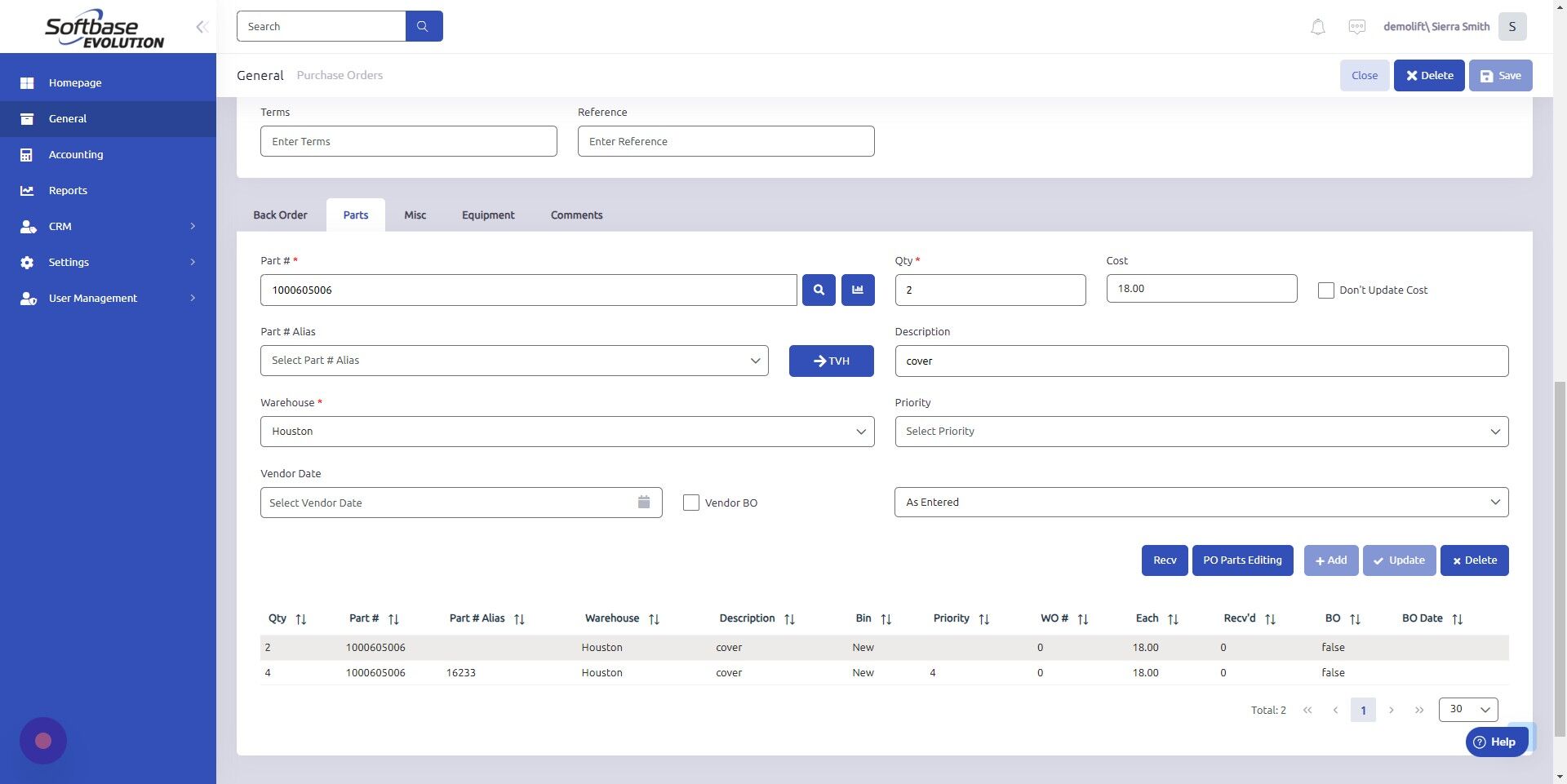 Screenshot of: Click "Recv" to open PO Parts Receive window.