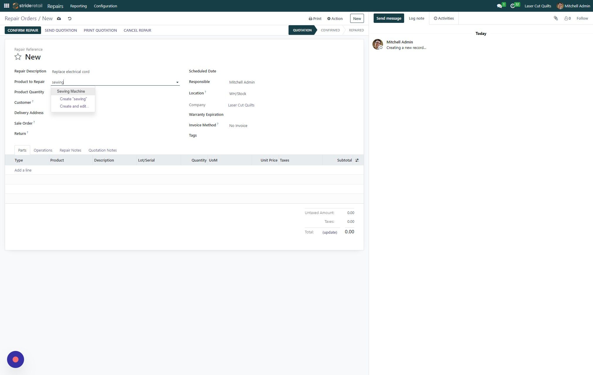 Screenshot of: Select the product to repair.  In this example we will choose an item that requires a serial number.
