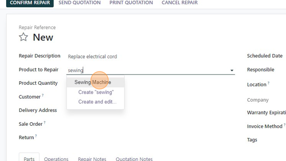 Screenshot of: Select the product to repair.  In this example we will choose an item that requires a serial number.