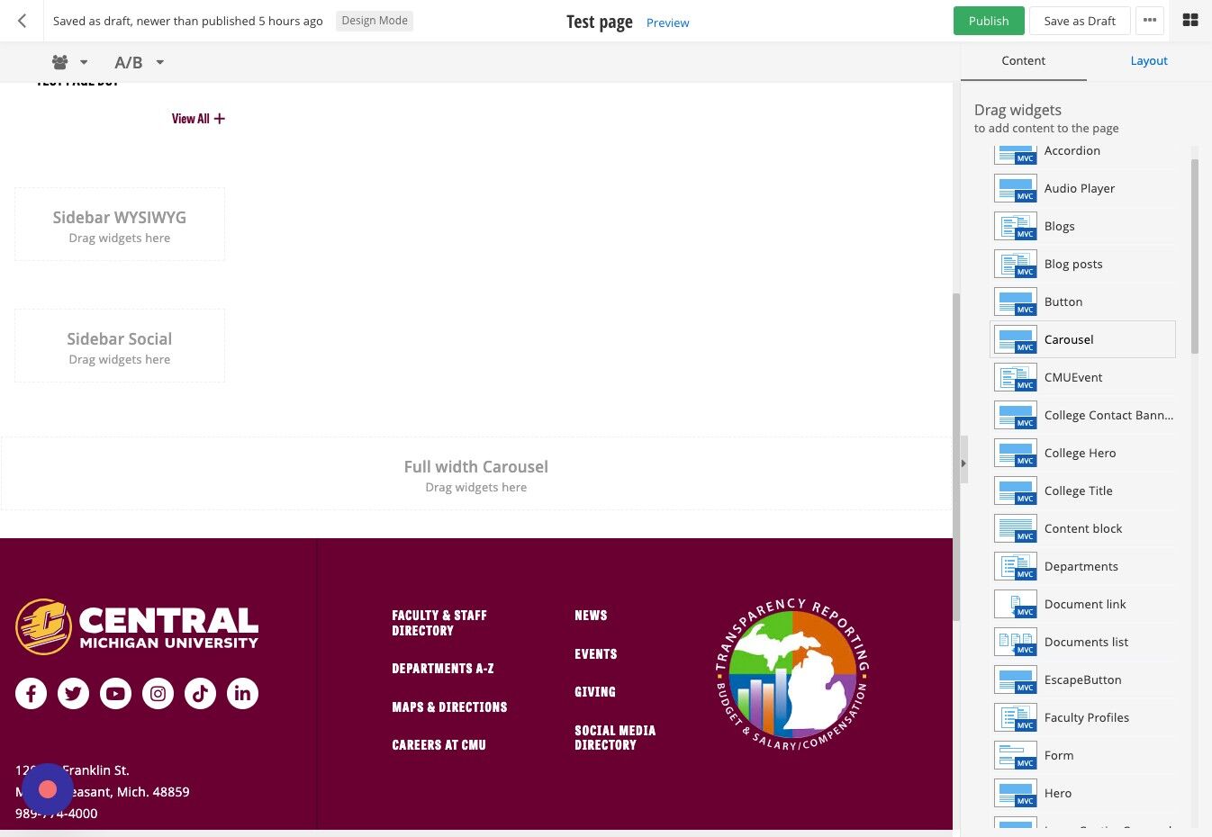 Screenshot of: Add the Carousel widget. Add up to five Carousel widgets to the 