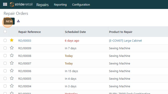 Screenshot of: To start a new repair order click "New"