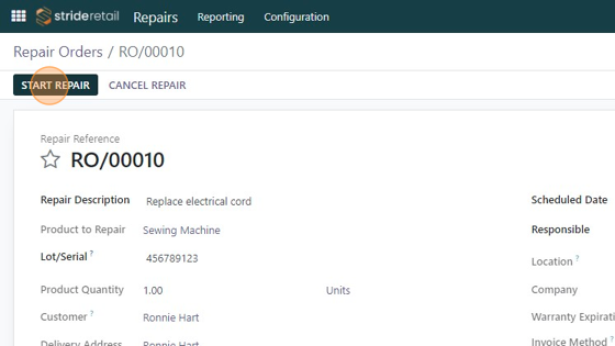 Screenshot of: Click "START REPAIR" - changes status to "Under Repair"