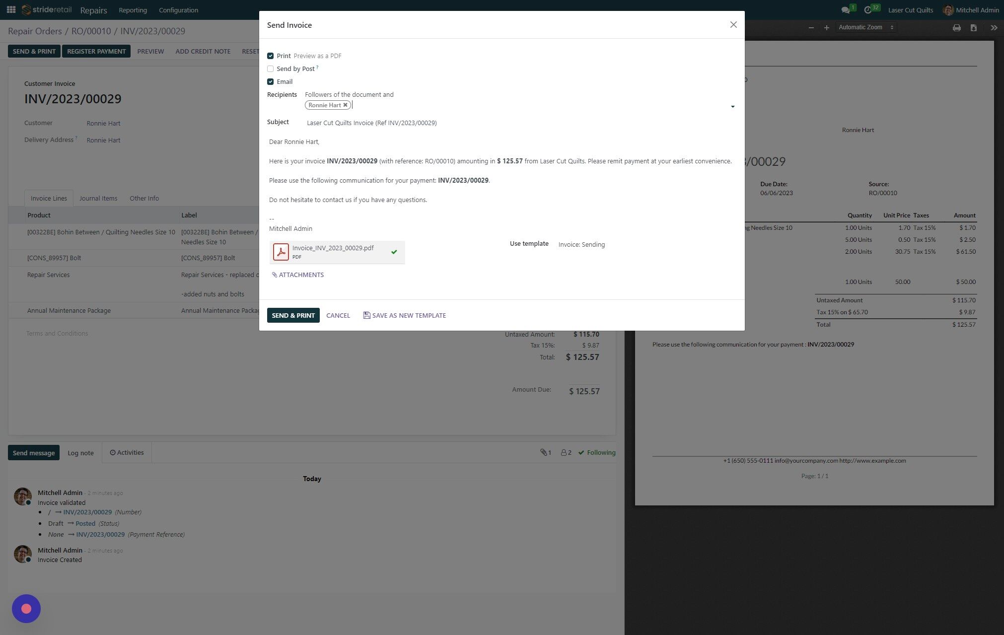 Screenshot of: Click "SEND & PRINT" after making edits to the outgoing email.