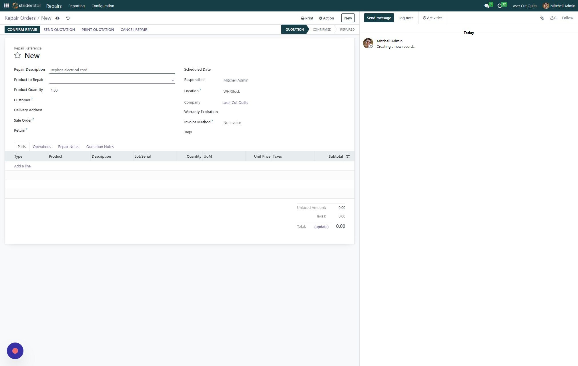 Screenshot of: In the "Repair Description" field enter a short description of the repair.