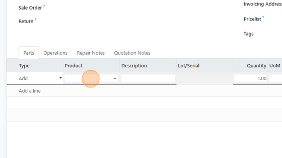 Screenshot of: Click the product field and add a product.
