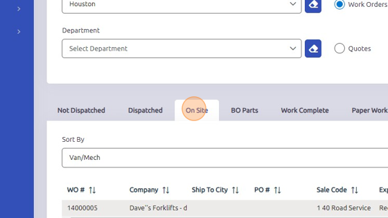 Screenshot of: On Site tab: when "On/Off Site" button is clicked in Dispatched tab, work order will be transferred here. If mechanic leaves job site, they can click "Off Site" from this tab or return to Dispatch tab and click "On/Off Site" again.