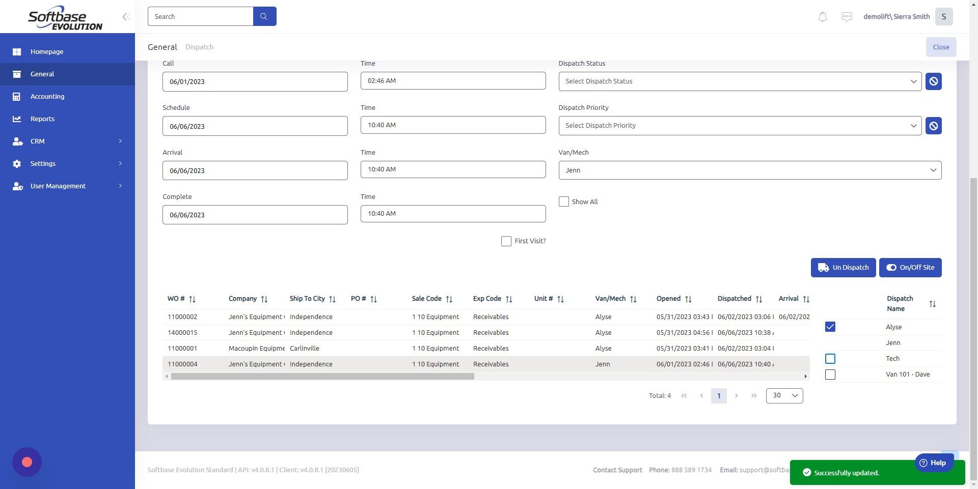 Screenshot of: Check boxes of van/mechanic names you'd like to dispatch to. Selections will save automatically.