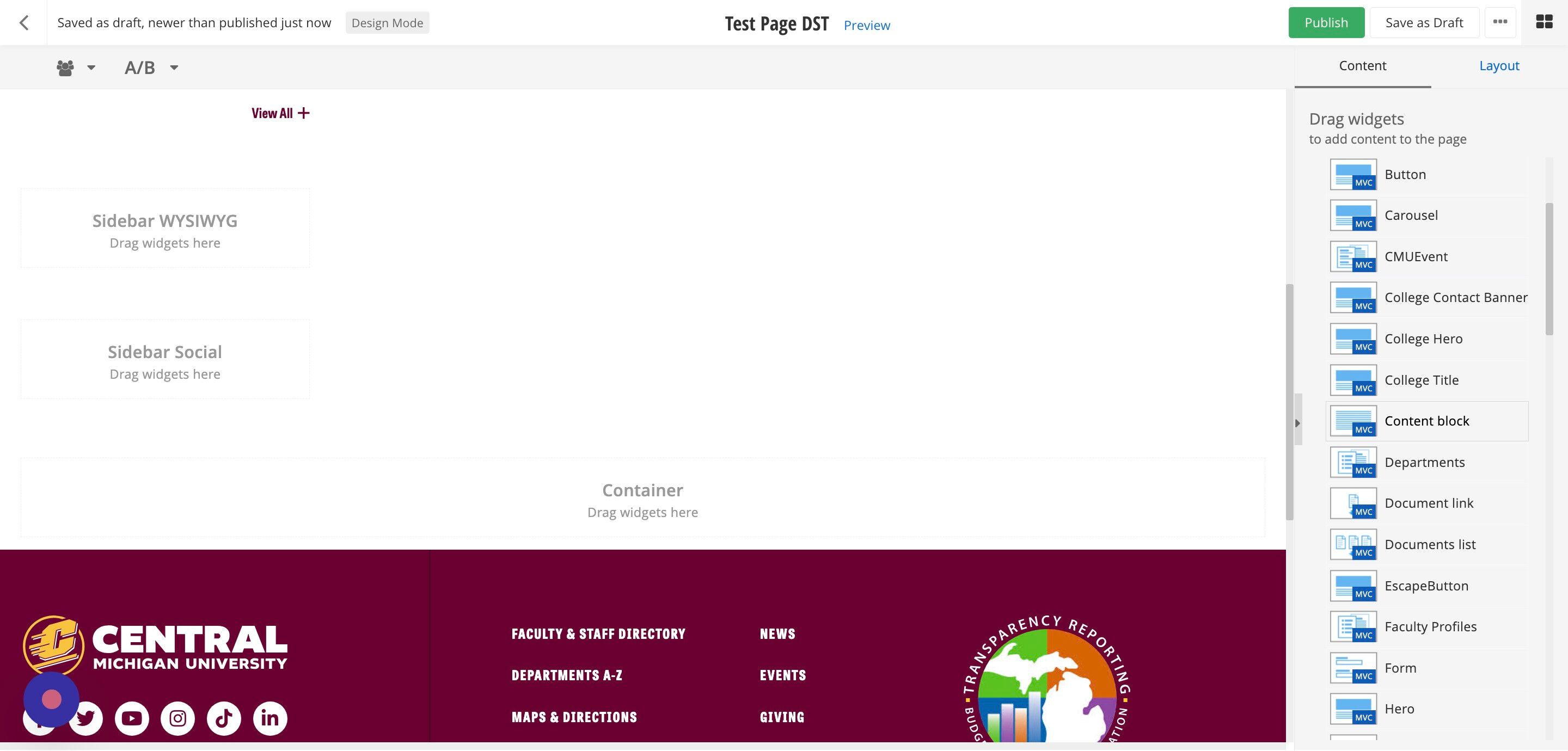Screenshot of: Click and drag the Content Block widget into the container layout you just added to the page.