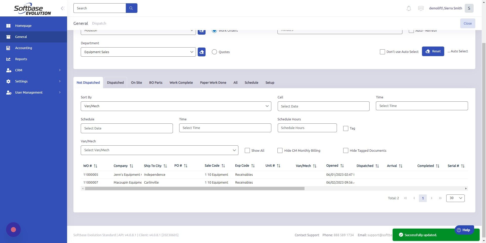 Screenshot of: To add more vans/mechanics, open Dispatched tab.