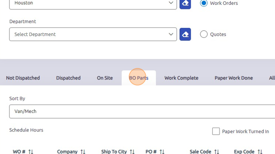 Screenshot of: BO Parts tab: work orders containing back ordered parts are listed here.