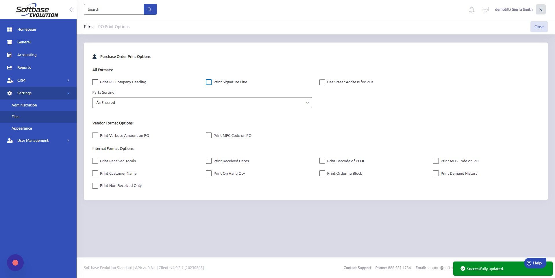 Screenshot of: Options under All Formats include settings for both Internal PO and Vendor PO. Checked boxes will save automatically.