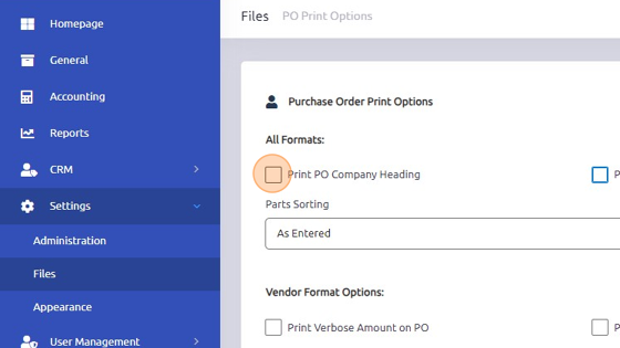 Screenshot of: Options under All Formats include settings for both Internal PO and Vendor PO. Checked boxes will save automatically.