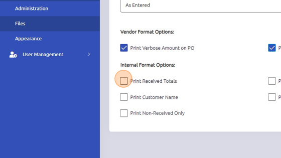 Screenshot of: Internal Format Options only apply to internal POs.