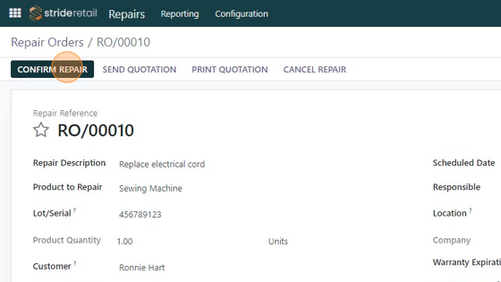Screenshot of: Click "CONFIRM REPAIR".  This can be done now, or upon original creation of the order.