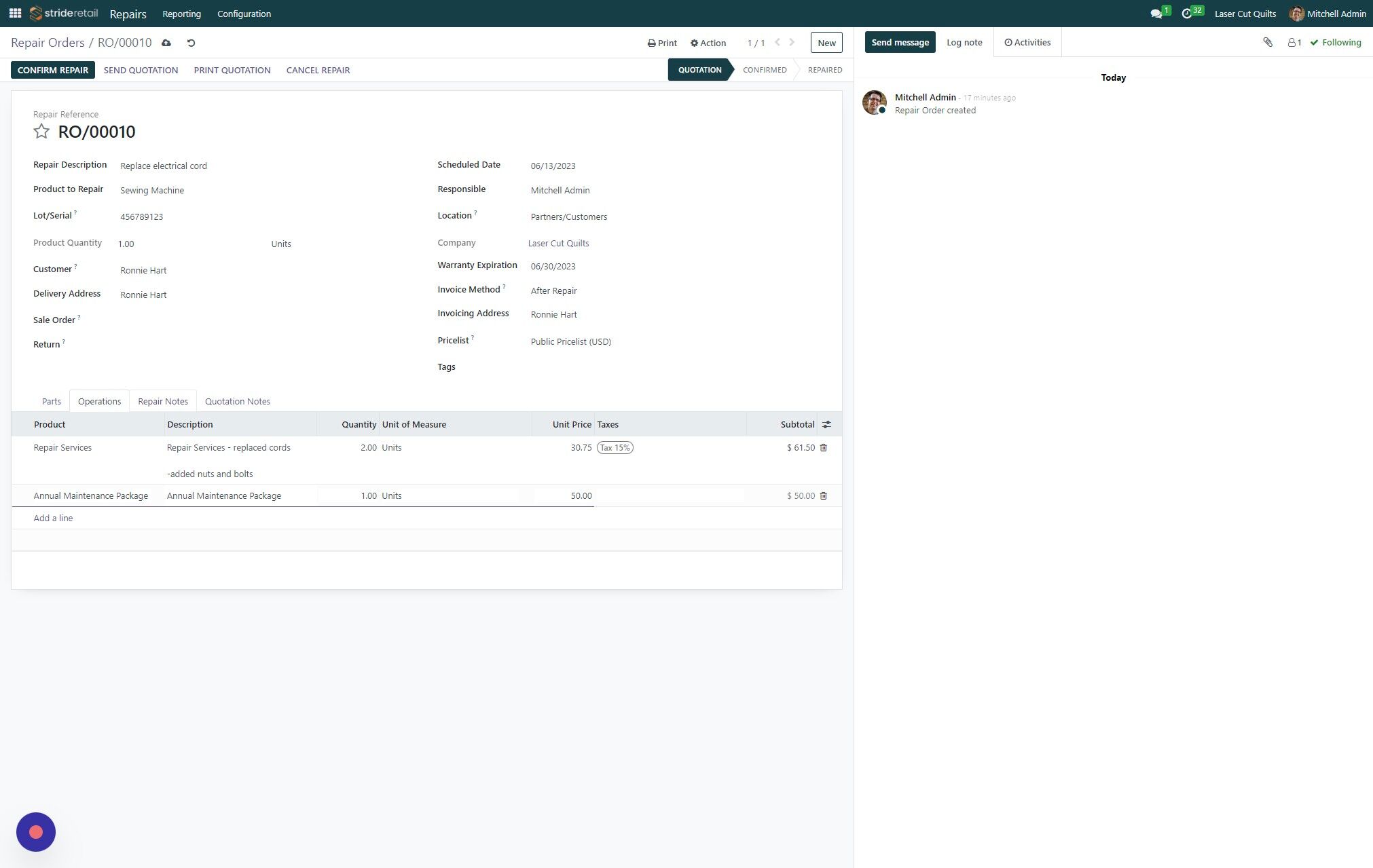 Screenshot of: Click "Repair Notes" to add internal notes.