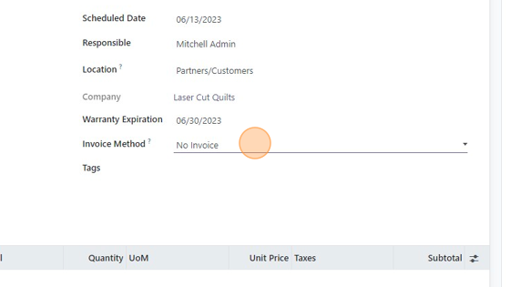 Screenshot of: Choose the invoice method. 
-No invoice (free repair)
-Before repair
-After repair