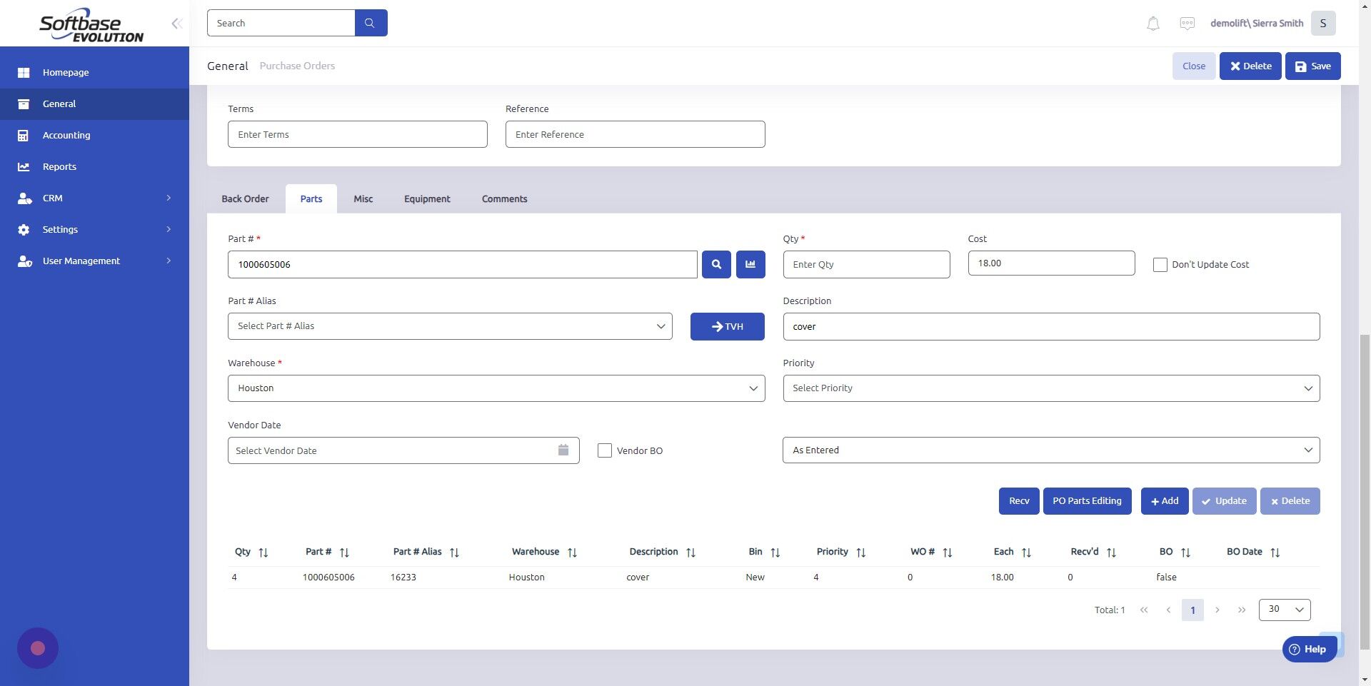 Screenshot of: Enter quantity you'd like to add to the purchase order.
