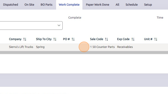 Screenshot of: Select line item of work order you'd like to set Paperwork Turned In on.