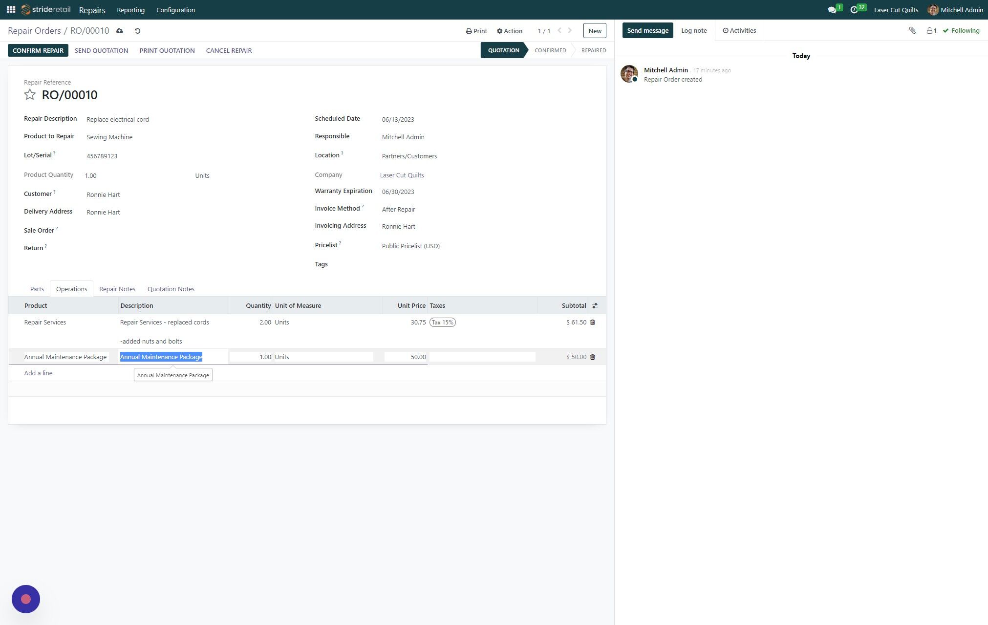 Screenshot of: Click this field to add any customer facing notes.