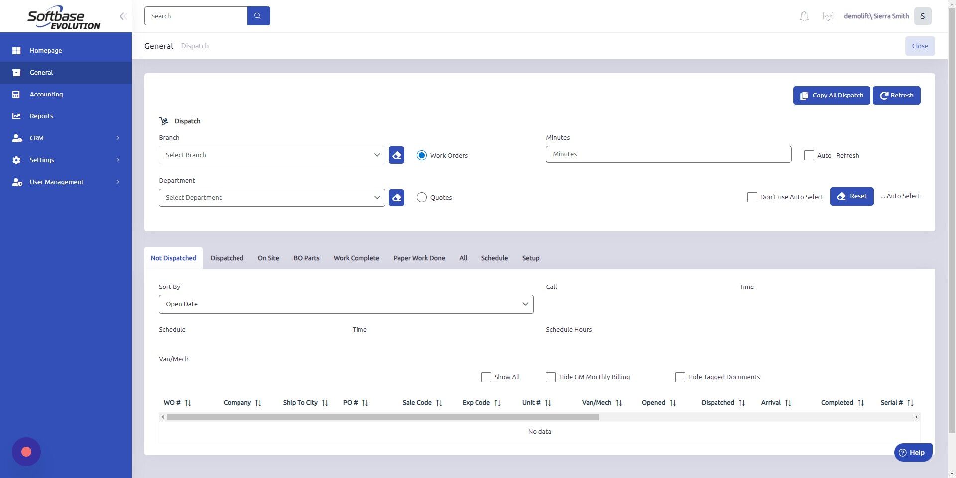 Screenshot of: Select Branch and Department.
