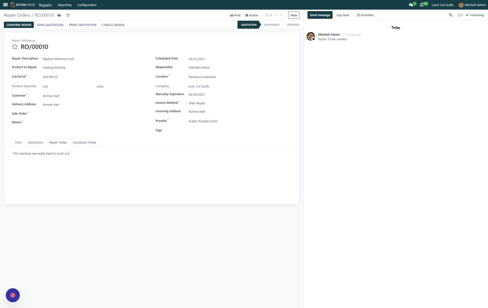 Screenshot of: Click "Quotation Notes" to add any notes when creating the quotation.  These are internal.