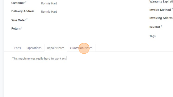 Screenshot of: Click "Quotation Notes" to add any notes when creating the quotation.  These are internal.