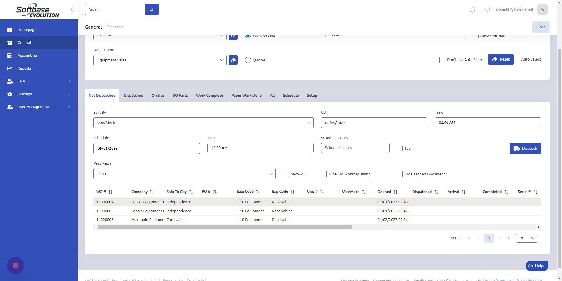 Screenshot of: Click Dispatch.