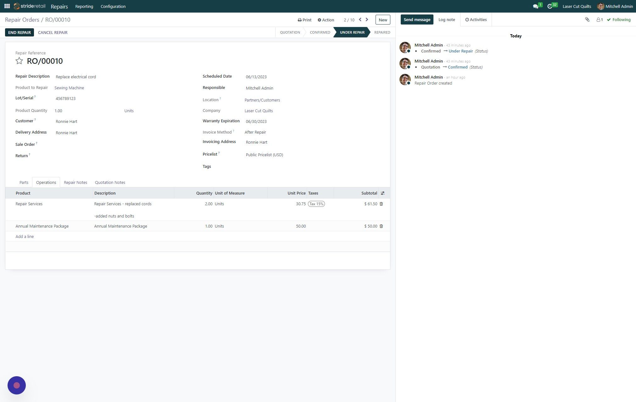 Screenshot of: Navigate to the repair order.  Ensure all notes (internal and external) have been added. Click "END REPAIR"