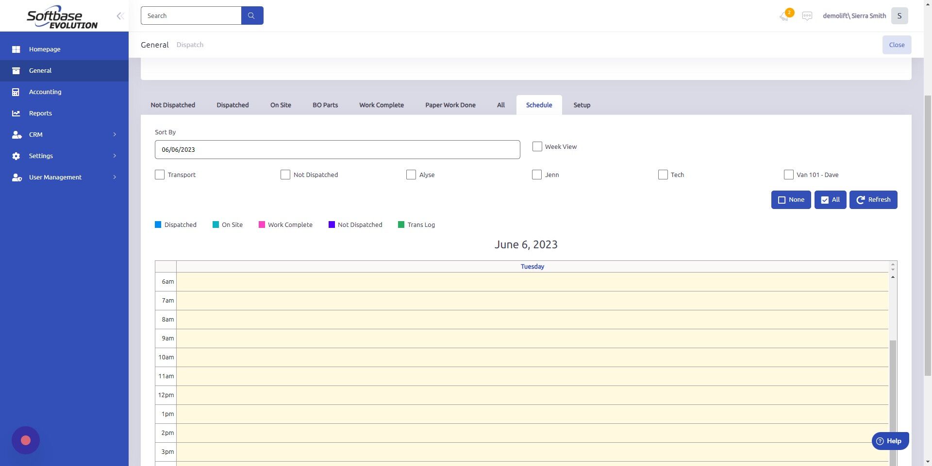 Screenshot of: Schedule: check either individual mechanic boxes or click "all" button to view mechanic status(es). 