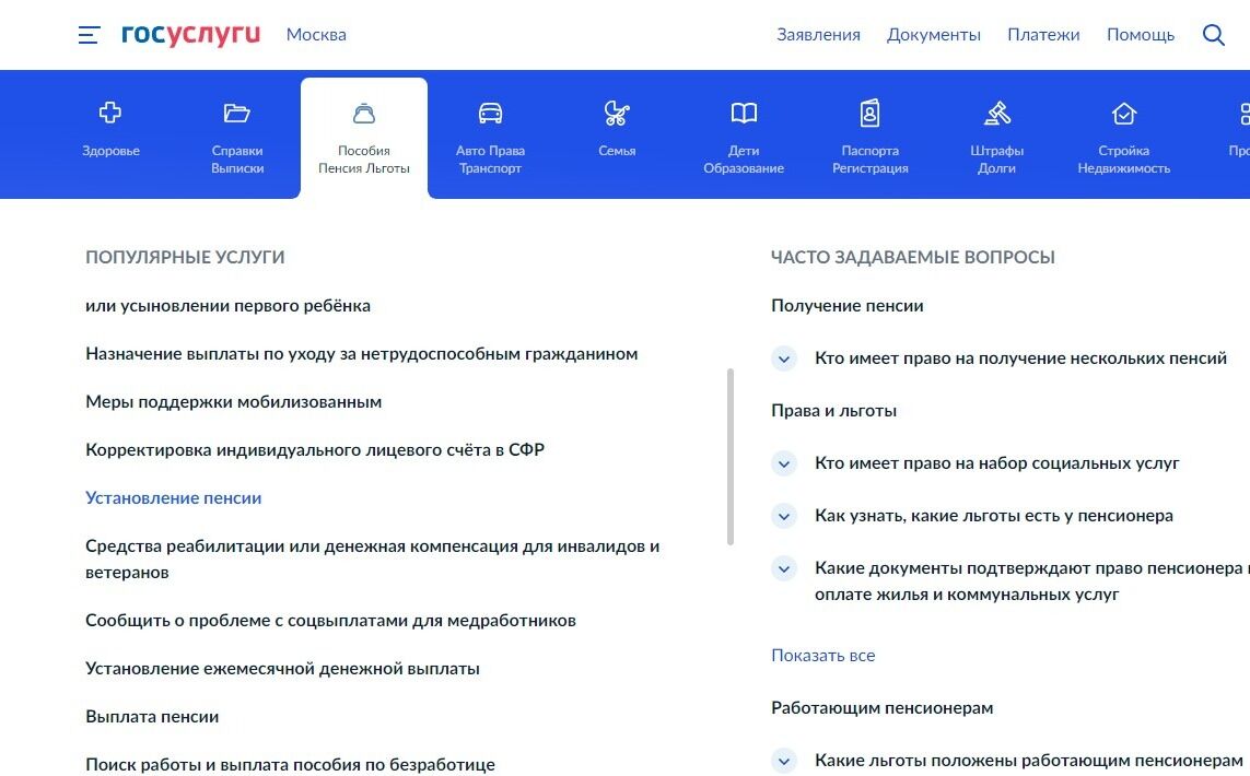 Screenshot of: В списке "Популярные услуги" выберите услугу "Установление пенсии".