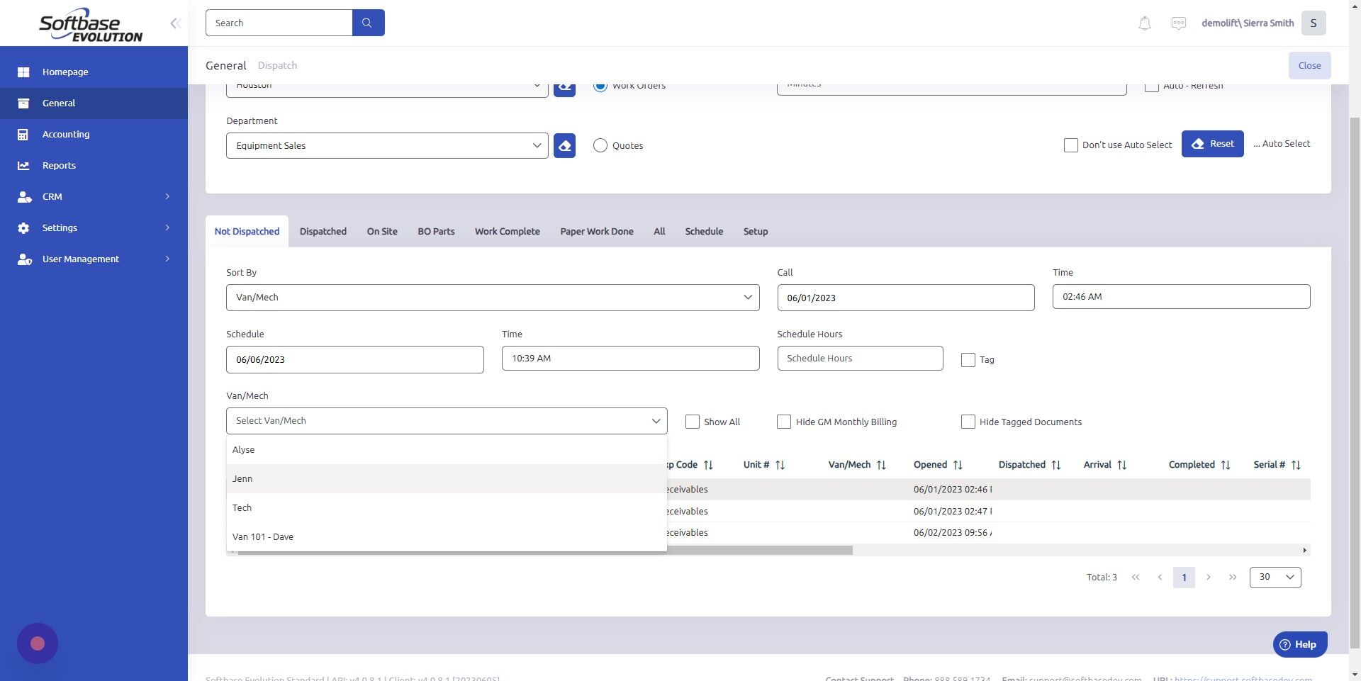 Screenshot of: Select Van/Mech to dispatch work order to.