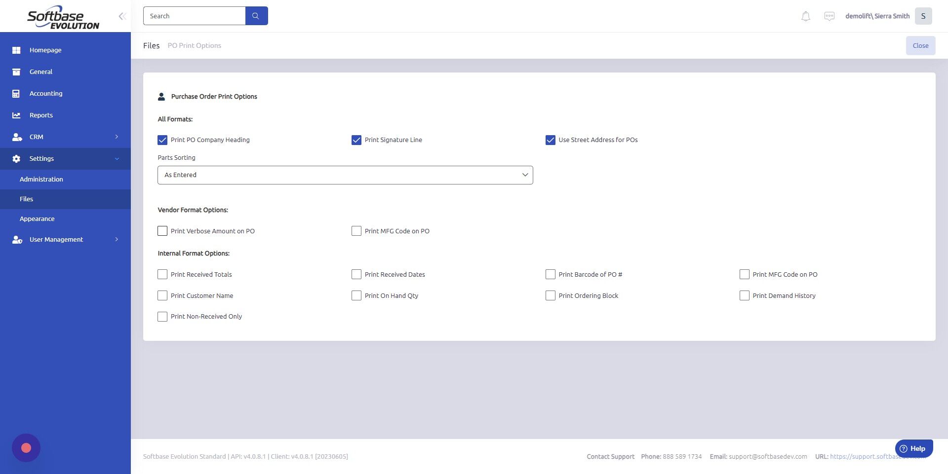 Screenshot of: Vendor Format Options only apply to Vendor POs.