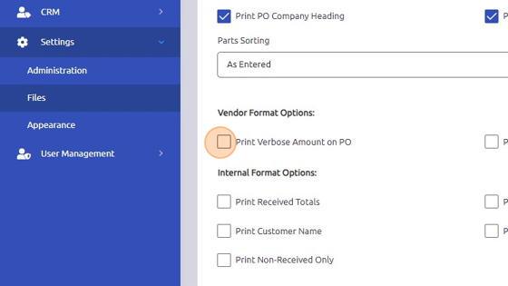 Screenshot of: Vendor Format Options only apply to Vendor POs.